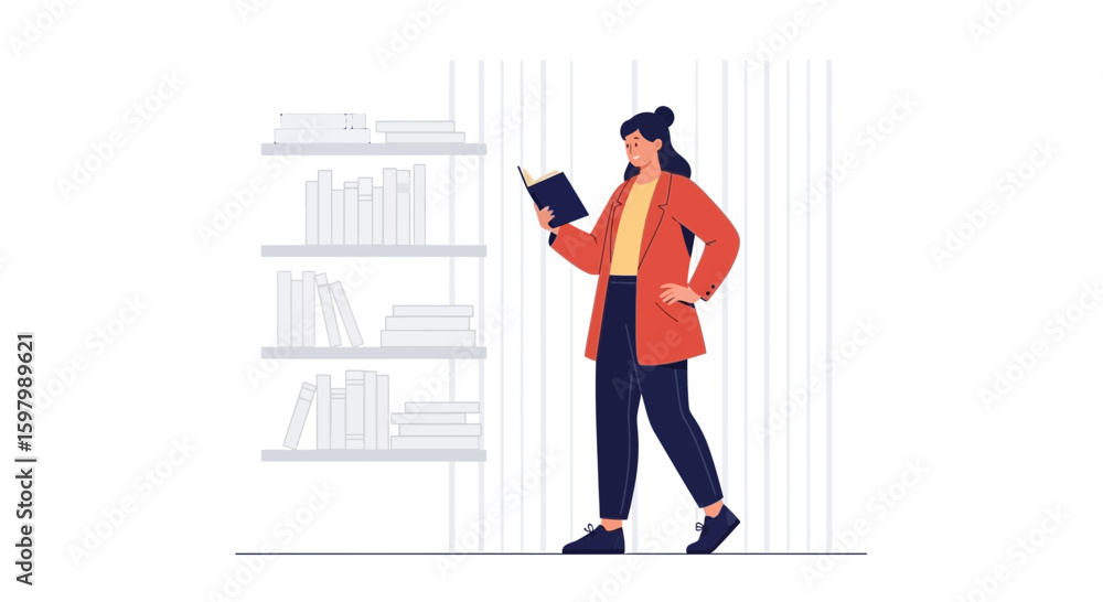 Fototapeta premium Woman Reads Novel Standing Near A Bookshelf In Her Library Alone