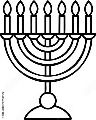 Hanukkah Menorah Line Art, Menorah with seven lit candles in simple line art style, symbolizing tradition and celebration with calm and peaceful mood