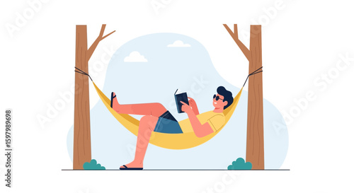 Relaxing Summer Day Man Reading Book In A Hammock Outdoor Leisure