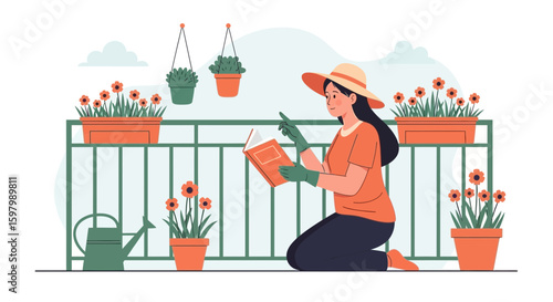 Woman Enjoying Balcony Gardening Hobby While Reading Horticultural Book