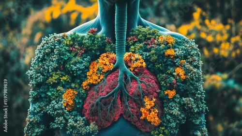 Human lungs adorned with flora