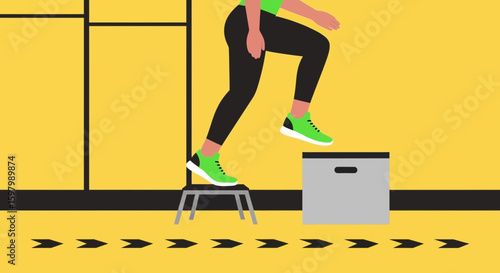 Step Aerobics Class With Sportive Woman Training On Yellow Modern Background