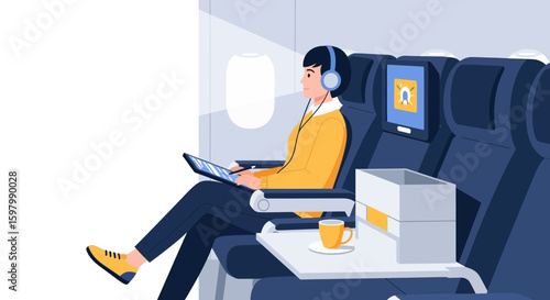 Woman Enjoying Inflight Entertainment Using A Tablet And Headphones During Air Travel