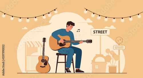 Street Musician Plays Guitar Under Glowing Lights For An Enjoyable Atmosphere