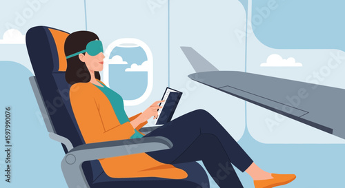 Woman Relaxing And Reading A Book During A Flight Journey Comfortably