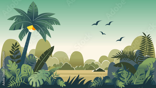 Exotic Rainforest Scenery with Palm Trees and Birds