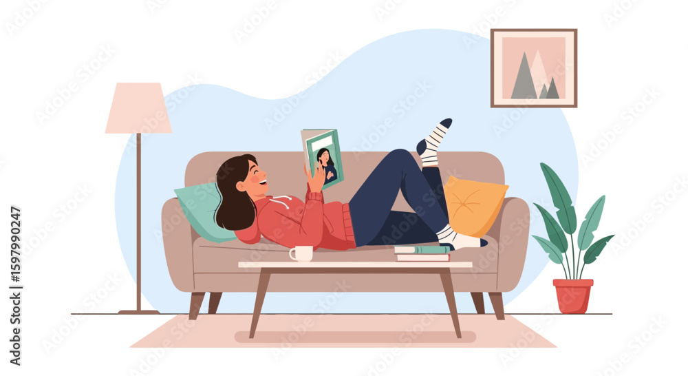 Fototapeta premium Woman Relaxing At Home Reading A Book On The Couch In Her Living Room