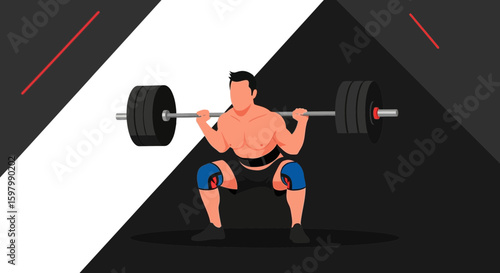 Strong Man Lifting Barbell in Squat Position During Intense Gym Workout