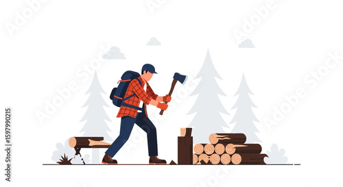 Strong Lumberjack Chopping Wood With Axe In Winter Forest Flat Design