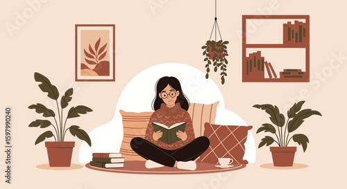 Relaxing With A Book Illustration In A Cozy Home With Plants And Decorations