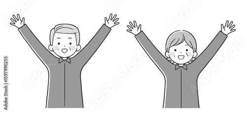 万歳するシニア夫婦(上半身) モノクロ