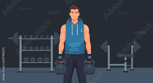 Strong Man Preparing To Lift Kettlebells In Dark Gym For Workout Session