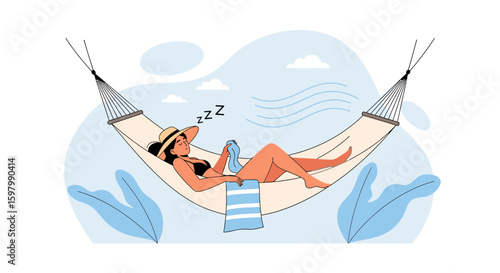 Woman Relaxing In Hammock On Summer Vacation Peaceful Getaway Scene