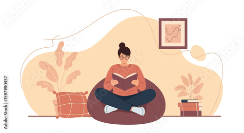 Woman Enjoying Leisurely Reading Time On Beanbag Indoor Amidst Plants And Artwork