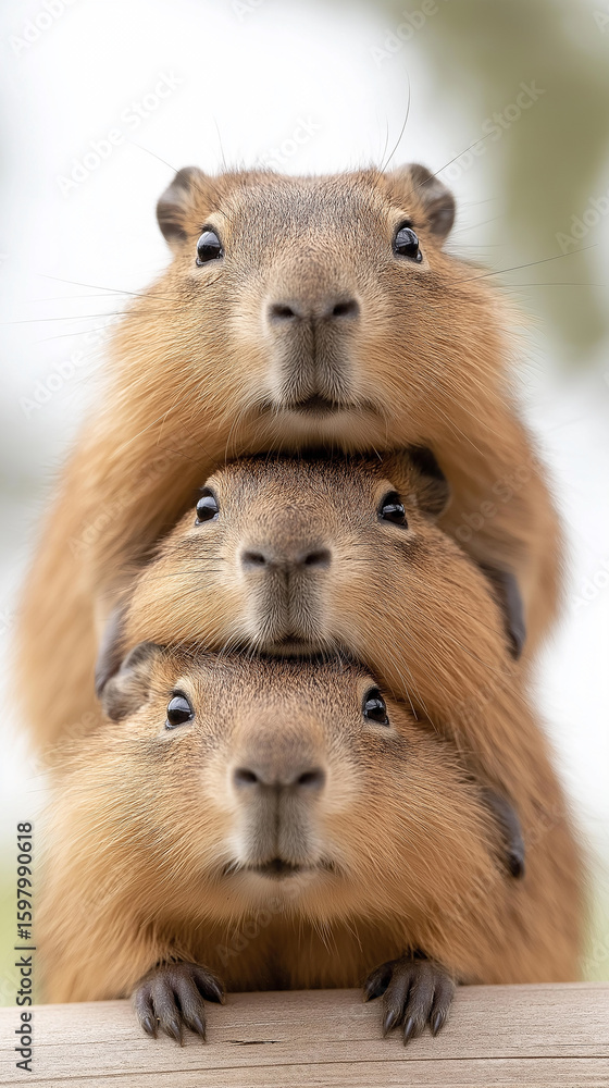 Obraz premium Stack of capybara rodents showcasing cute expressions in natural wildlife environment