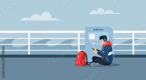 Student Enjoying Audiobook During Travel By Ship Mobile Phone Communication Illustration