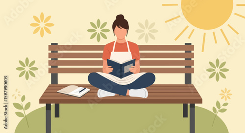 Woman Relaxing On A Bench In A Park With A Book In Her Hands