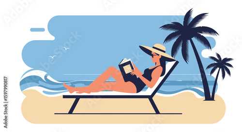 Woman Relaxing On Beach Chair Reading Book In A Summer Scene Illustration