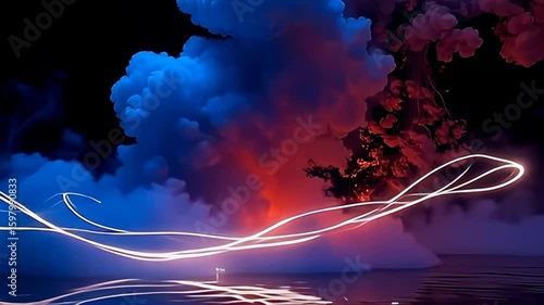 Experience an otherworldly display as a swirling mass of colorful smoke emerges, accentuated by a radiant flare at its core, while luminous threads flicker and intertwine fluidly, enveloping