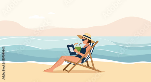 Woman Relaxing On Beach Chair With Drink And Book In Summer Vacation