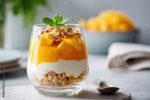 Refreshing layered mango yogurt parfait with granola and mint in a clear glass on a white surface with blurred background