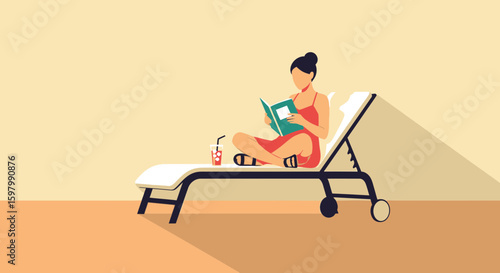 Woman Relaxing On Deck Chair Reading Book Enjoying Summer Holidays