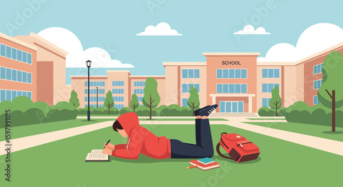 Student Learning At Campus Illustration Young Boy Studying Outdoors On School Grounds