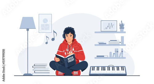 Student Learning Music Theory At Home With Keyboard And Headphones On Head