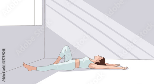Woman Relaxing On The Floor Meditating Under Sunlight Coming Through A Window