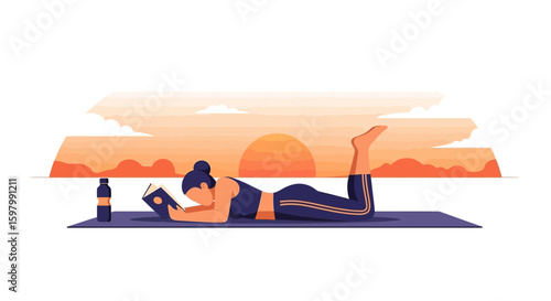 Woman Relaxing With A Book After Yoga At Sunset Time Illustration
