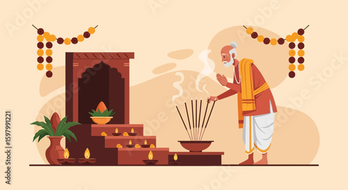 Ritualistic Offering And Prayers By A Sage At A Temple In A Devotional Setting