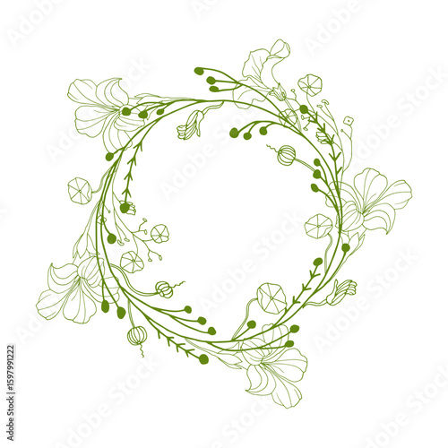 Cute green wreath with nasturtium flowers. Floral design for wedding, invitations and greeting cards.