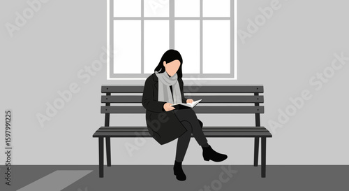 Woman Enjoying Reading Book While Relaxing On Bench Near Window Illustration