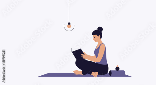 Woman Relaxing With A Book At Home After Yoga Session Illustration