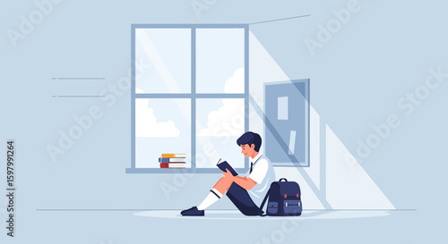 Student Reading Book Leaning Against Wall Next To Window With Sunlight Shining In