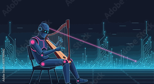 Robotic Musician Plays Harp In Cyberspace Futuristic Tech Illustration