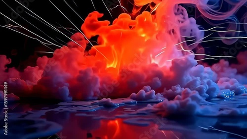 Behold a profound visual narrative where vibrant smoke swirl billows against a vivid, erupting flare, as shimmering threads flicker and dart, creating a kaleidoscope of color and motion that