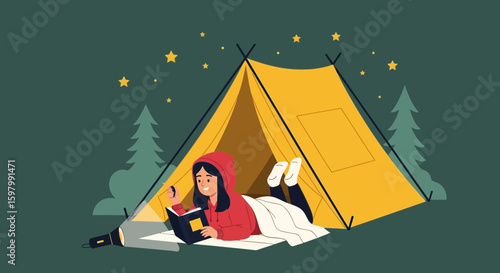 Woman Enjoying Reading Under Stars Inside a Camping Tent at Night