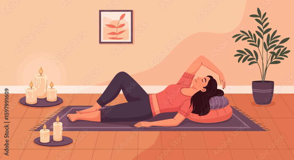 Obraz premium Woman Relaxing With Candles During Yoga Session For A Peaceful Mindfulness Moment