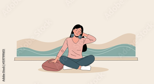 Woman Relieving Neck Pain With Ice Packs While Sitting Comfortably At Home