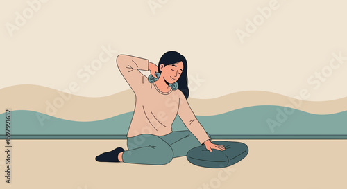 Woman Relieving Neck Tension with Massage Tool in Relaxing Environment