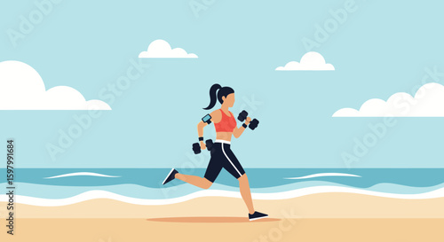 Woman Running With Dumbbells On Beach For Fitness And Wellness Exercise