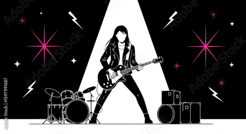 Rock Concert Illustration With Electric Guitarist And Drums At The Scene