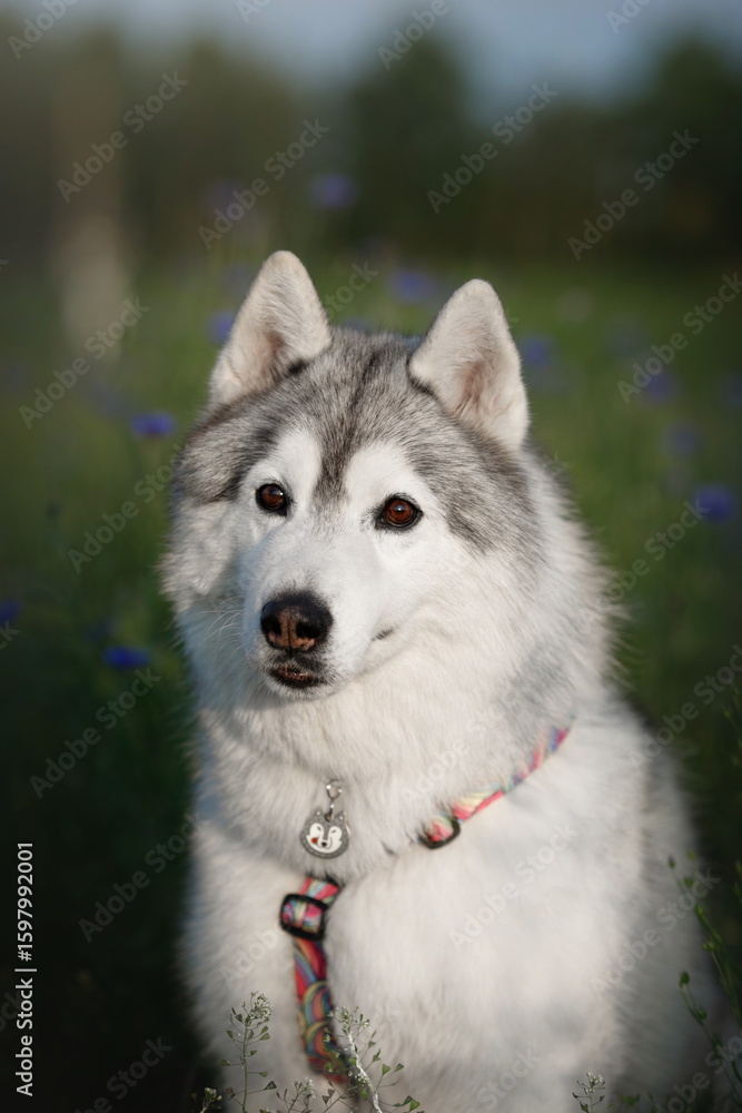 Naklejka premium adorable funny smiling siberian Husky dog with white and grey fur, brown eyes portrait in a meadow with blossoming blue cornflowers at dusk time