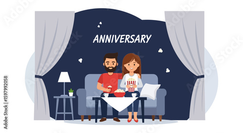 Romantic Anniversary Celebration Couple Watching Movie At Home Together Graphic