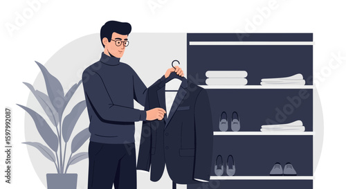 Stylish Man Choosing His Outfit from Closet Before Leaving for a Business Meeting