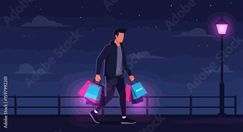 Stylish Man Enjoying Night Walk with Shopping Bags After Shopping Trip