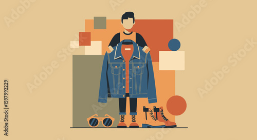 Stylish Man Holding Denim Jacket With Matching Accessories Trendy Outfit