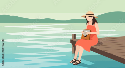 Woman Sits On A Pier Holding A Kalimba Enjoying A Calm Lake View