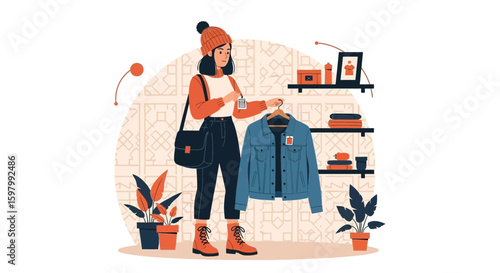 Stylish Shopper Inspecting Garment Tag At Home Fashion Illustration